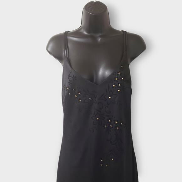 Vtg Rampage Y2K Black Floral Embroidered Rhinestone Maxi Dress Slit Sz 11 Formal - Picture 2 of 14